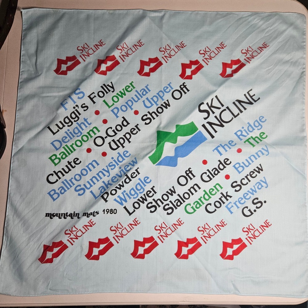 Vintage 1980 Ski Incline Mountain Mats Trail Map Bandana Light Blue 22x22